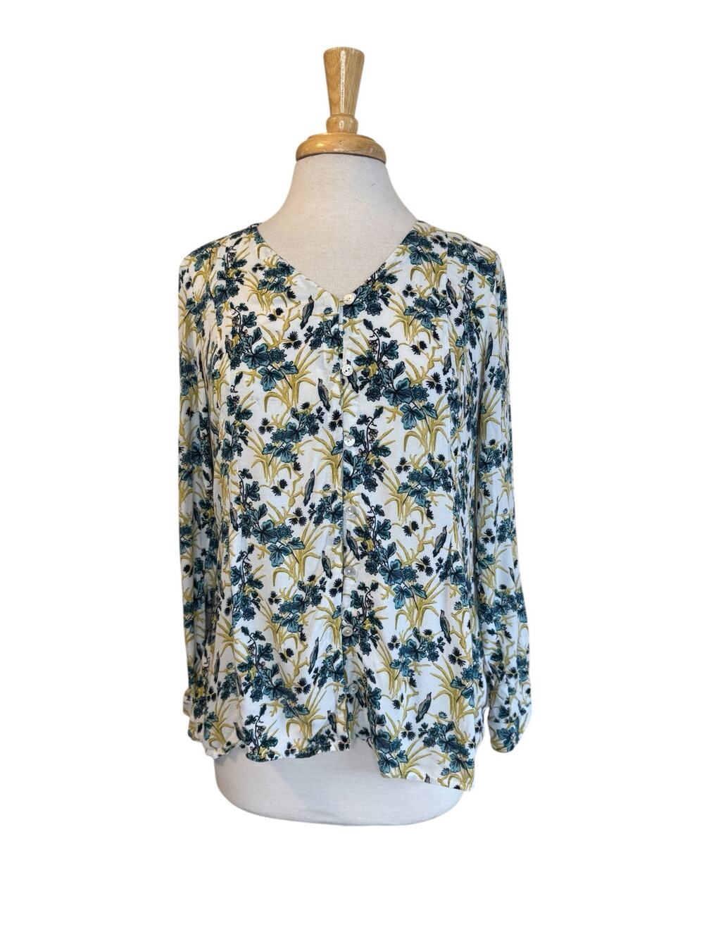 J.JILL Floral Print Pleated Button Up Blouse Size Small Womens Yellow Green Blue
